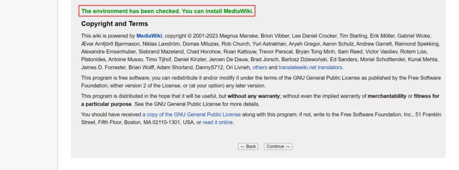 Окружение проверено. Вы можете установить MediaWiki