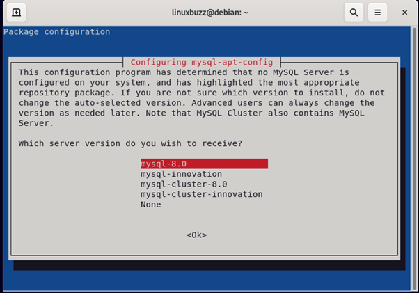 Выберите-MySQL-8-Server-Version-Debian