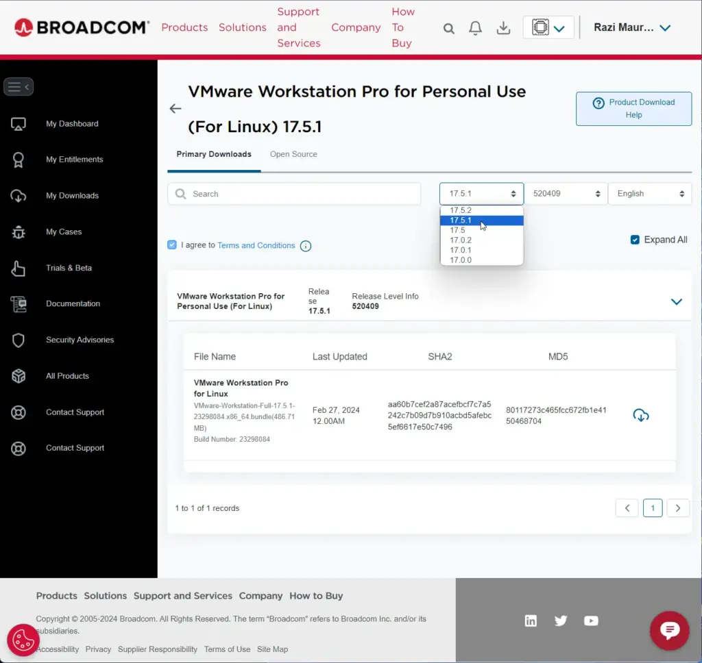 Страница Broadcom для загрузки vmware workstation