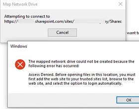 Не удалось создать сопоставленный сетевой диск, добавьте веб-сайт в список доверенных сайтов
