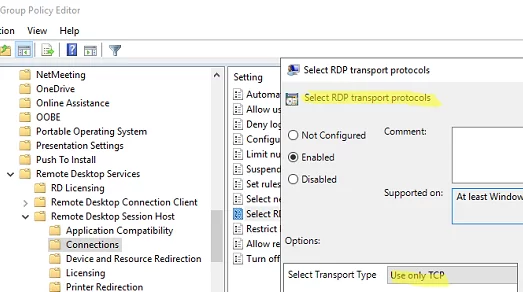 GPO: заставить RDP использовать только TCP