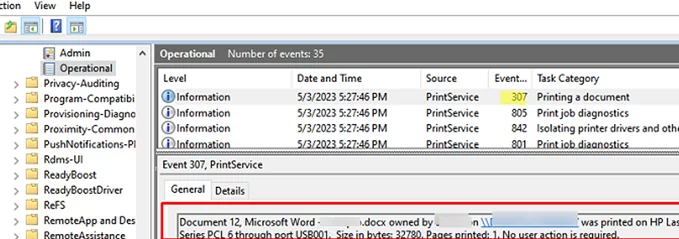 Аудит событий печати в средстве просмотра событий Windows