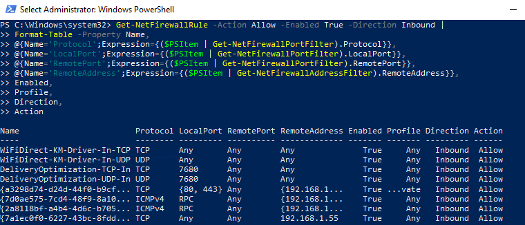 Использование PowerShell для составления списка правил брандмауэра с нубберами портов