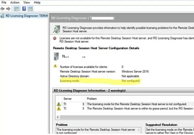 Remote Desktop Licensing Diagnoser: Режим лицензирования для узла сеанса удаленного рабочего стола не настроен