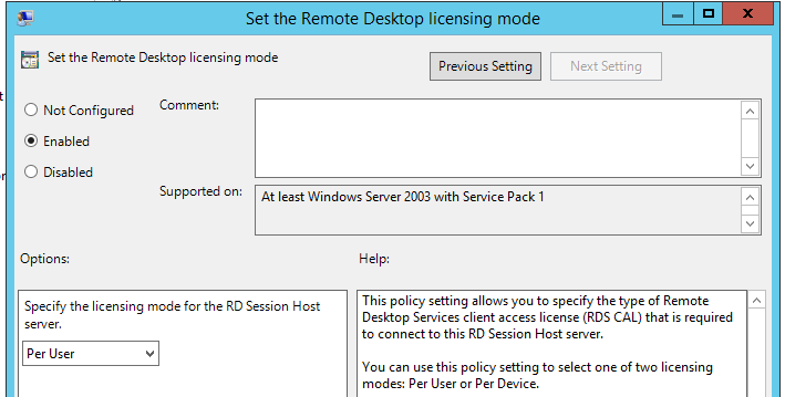 POlicy - Установка режима лицензирования удаленного рабочего стола - на одного пользователя