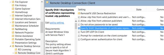 Укажите отпечатки SHA1 сертификатов, представляющих издателей RDP 