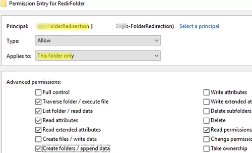 настройка разрешений перенаправляемой папки ntfs