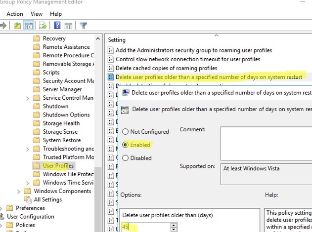 Групповая политика: Удаление профилей пользователей старше указанного количества дней при перезагрузке системы