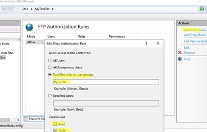 Разрешить подключение FTP-сервера к определенной группе, установить разрешения на чтение и запись.