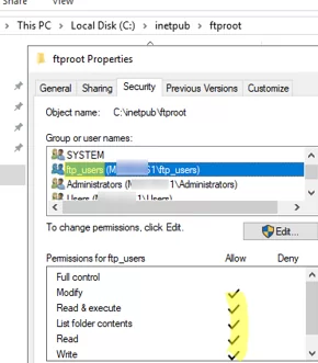 Предоставьте разрешения NTFS для корневой папки FTP.