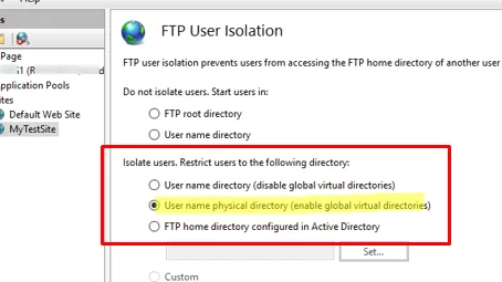 Настройки изоляции пользователей FTP