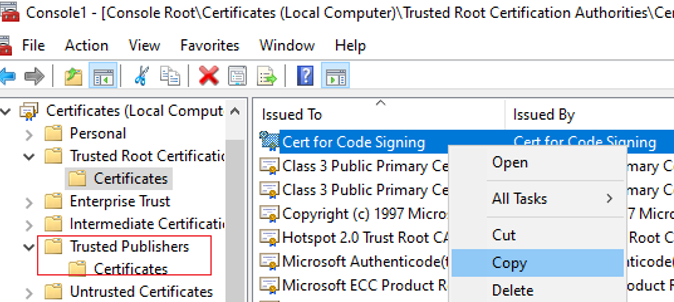 копирование сертификата подписи кода для доверенных издателей 