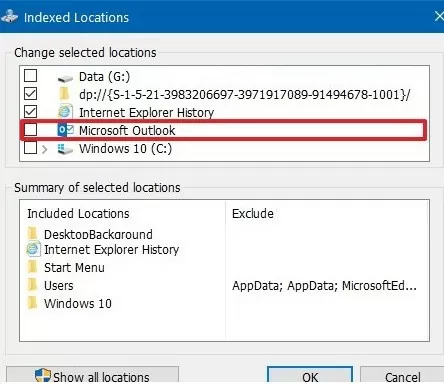 отключить индексацию файлов outlook и pst на windows 10