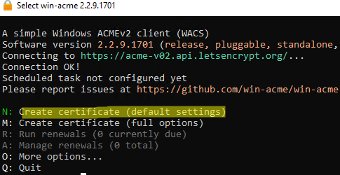 Создание нового сертификата с помощью инструмента wacs (Windows ACME Simple) 
