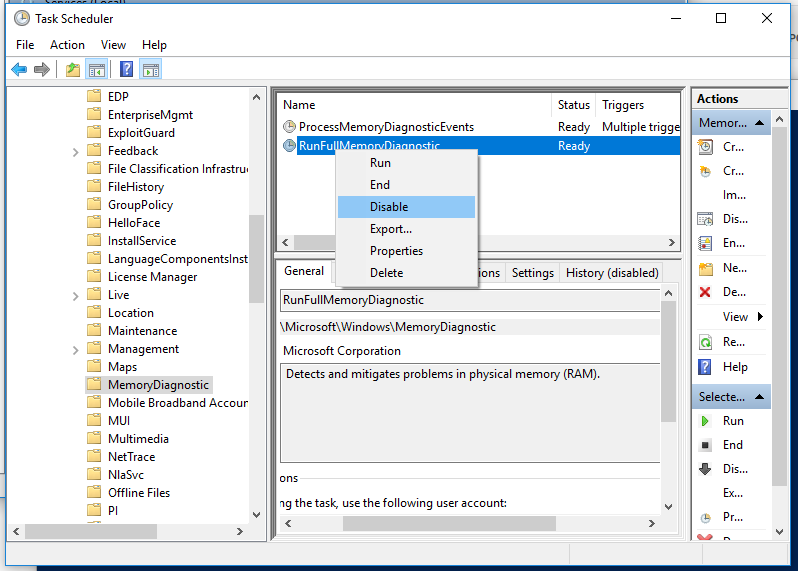 отключение задачи RunFullMemoryDiagnostic