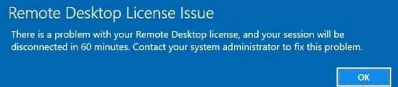 Лицензия на удаленный рабочий стол Проблема:Существует проблема с лицензией на удаленный рабочий стол, и ваша сессия будет отключена через 60 минут