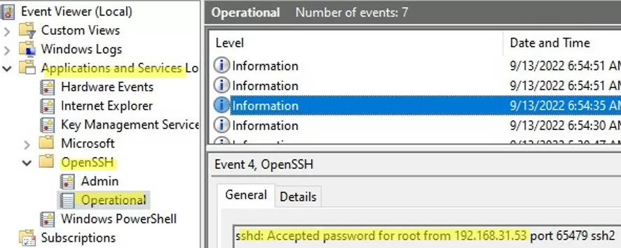 журналы соединений sshd в средстве просмотра событий windows