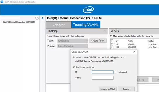 добавление новой VLAN в Windows с помощью утилиты Intel PROSet Adapter Configuration Utility 