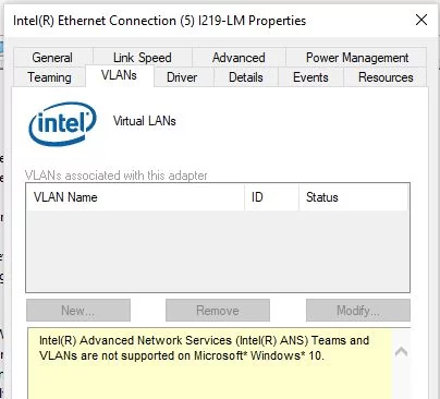 Intel(R) Advanced Network (Intel(R) ANS) Teams и VLANs не поддерживаются в Microsoft Windows 10.