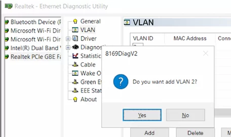 создание vlan в windows 10 с помощью утилиты Realtek Ethernet Diagnostic Utility