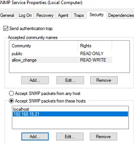 строка snmp community и список разрешенных хостов