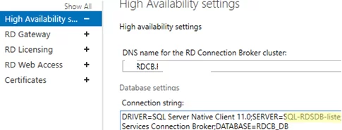 Строка соединения RDCB указывает на кластер SQL Server Cluster