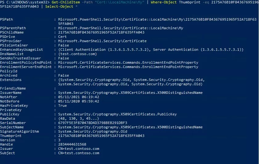 список свойств самоподписного сертификата с помощью powershell