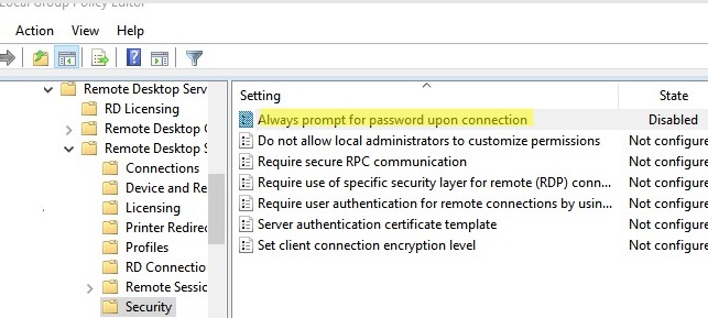 GPO узла удаленного рабочего стола: Всегда запрашивать пароль при подключении