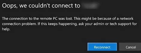 Соединение с удаленным компьютером было потеряно. Это может быть связано с проблемой сетевого подключения