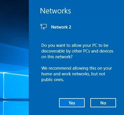 Хотите ли вы разрешить вашему компьютеру быть обнаруженным другими компьютерами и устройствами в этой сети? Мы рекомендуем разрешить это в домашних и рабочих сетях, но не в общедоступных. 