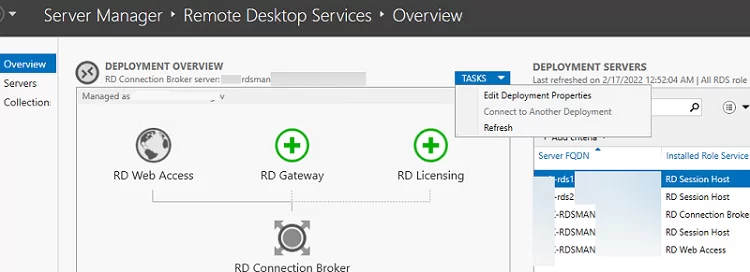 Редактирование свойств развертывания RDS через диспетчер сервера на Windows Server 2019