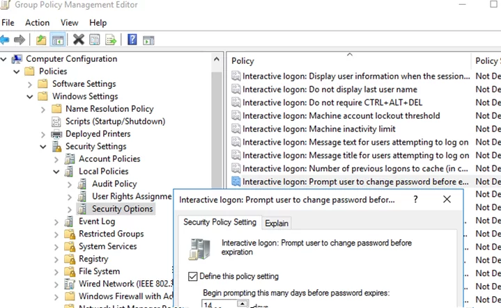 Параметр групповой политики: Интерактивный вход в систему: Предлагать пользователю сменить пароль до истечения срока действия