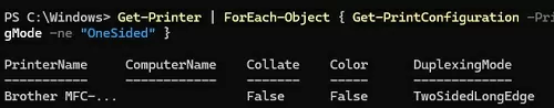 список принтеров powershell с поддержкой двусторонней печати