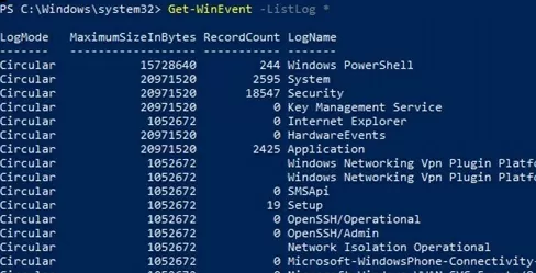 Get-WinEvent: список журналов программы просмотра событий windows