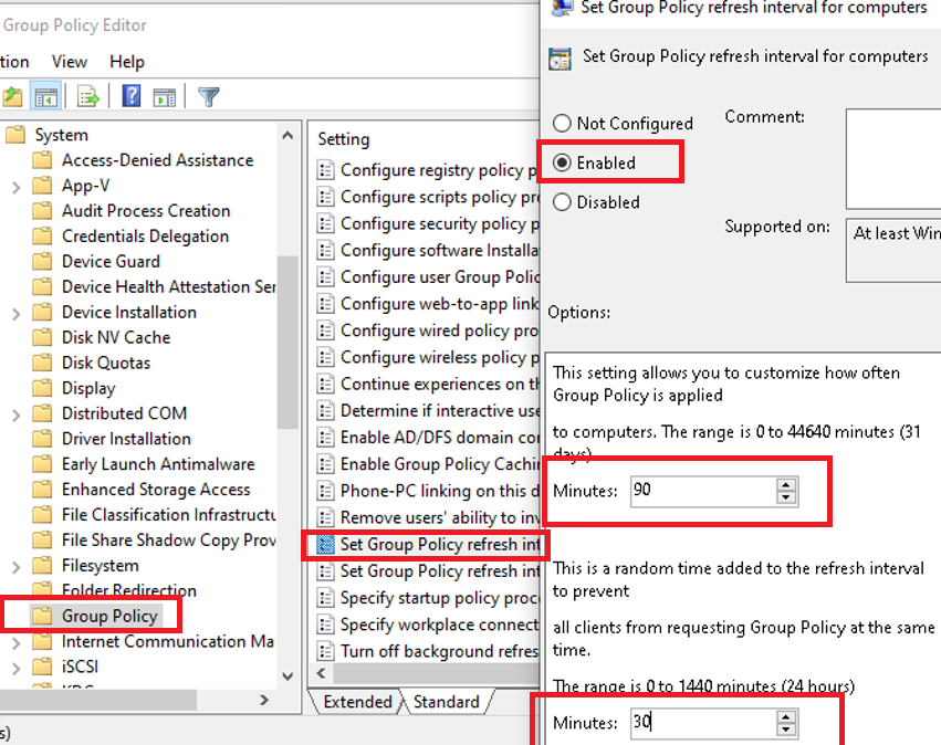 Установка интервала обновления групповой политики для компьютеров - параметр GPO 