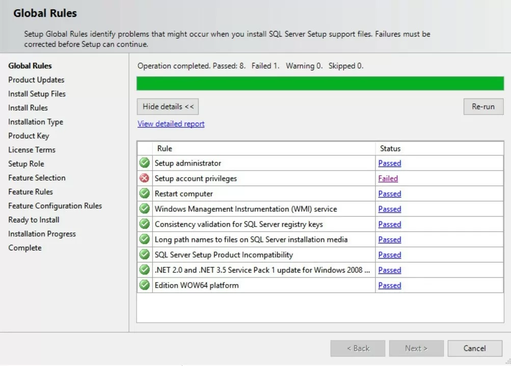 sql server setup error: Не удалось установить привилегии учетной записи