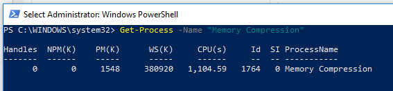 Get-Process -Name "Memory Compression" - получить рабочий набор в оперативной памяти