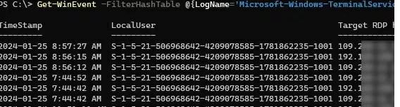PowerShell: просмотр журналов подключения клиента RDP