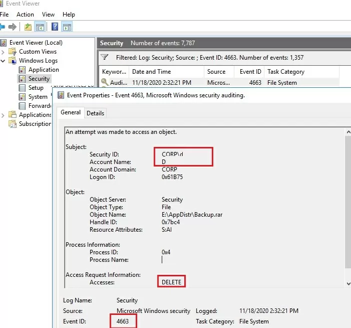 событие аудита удаления файла 4663 с именем пользователя в журнале безопасности 
