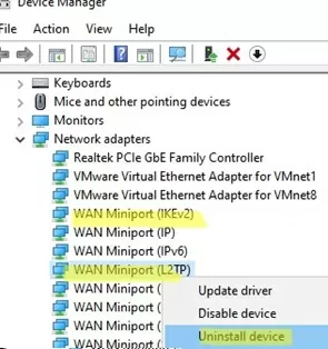 переустановка l2tp vpn wanminiport адаптеров на windows