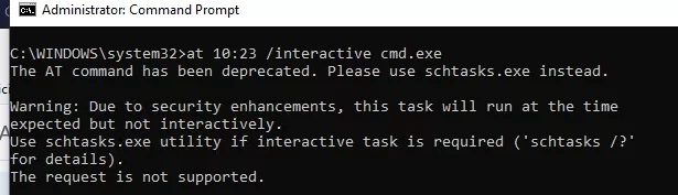 не могу запустить at на windows 10 - используйте утилиту schtasks.exe, если требуется интерактивное задание 