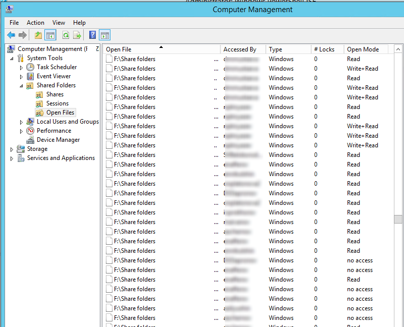 Список открытых файлов в общих папках Windows Server 2012 R2