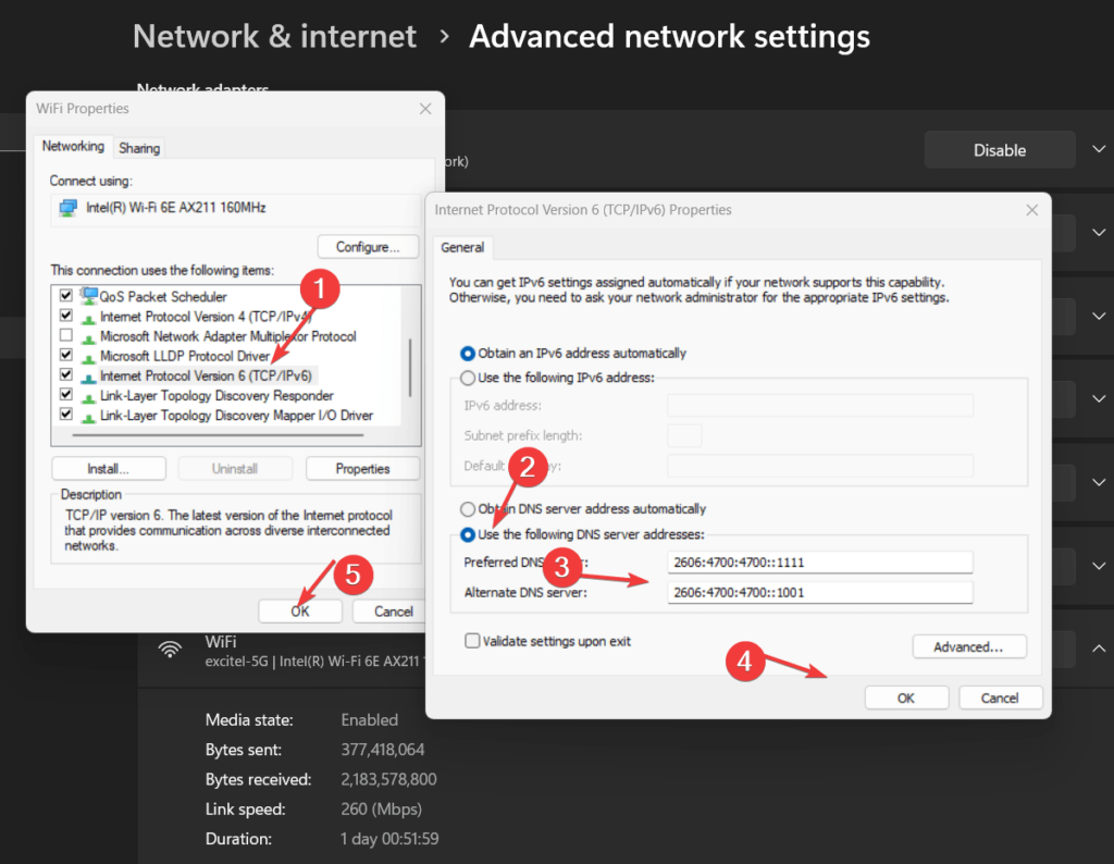 Изменение IPV6 DNS-сервера на CloudFlare в Windows 11