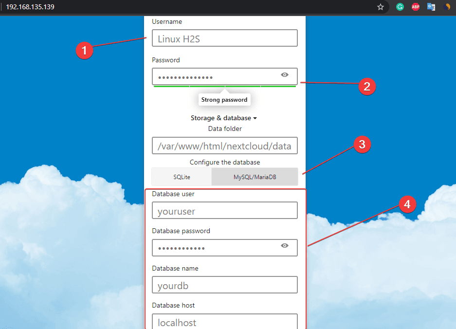 Настройка базы данных Веб-интерфейс NextCloud