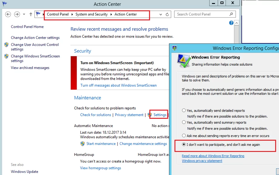 отключение отчетов об ошибках windows - windows server 2012r2