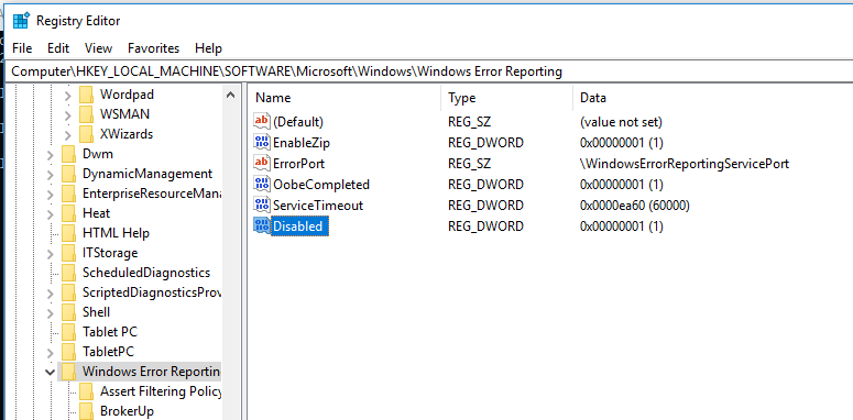 отключение Windows Error Reporting в windows 10 через реестр