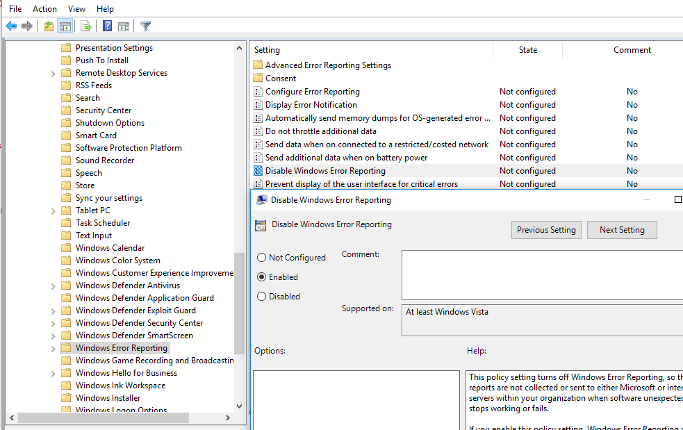 Отключить отчет об ошибках Windows - GPO