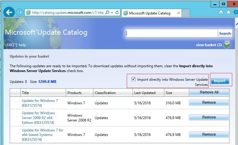 Импорт непосредственно в службы обновления Windows Server 