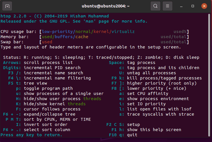 Справка htop в Ubuntu 22.04