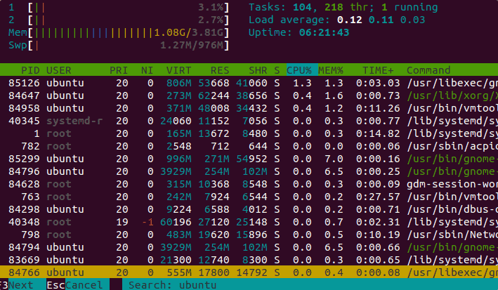 F3 для поиска процесса htop на Ubuntu 22.04 20.04